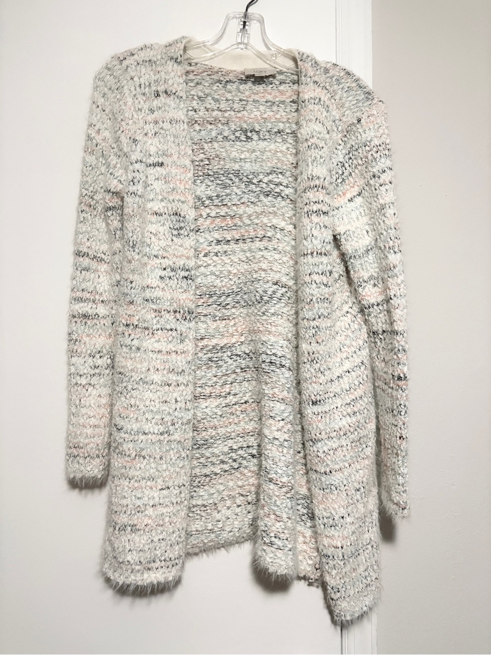 LOFT Cream Bouclé Open-Front Cardigan with Pink and Gray Trim